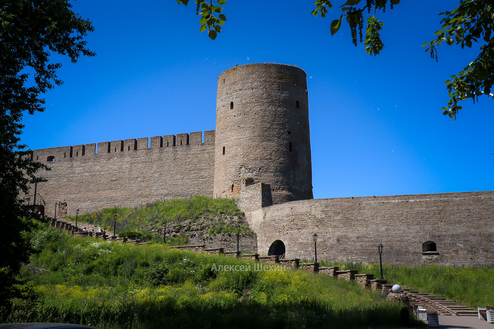 Длинношеяя башня Ивангородской крепости и подъемная лестница к входным воротам
