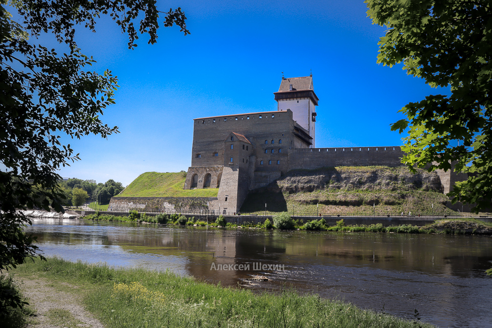 Нарвский замок по другую сторону реки Нарва на расстоянии выстрела лучника от Ивангородской крепости