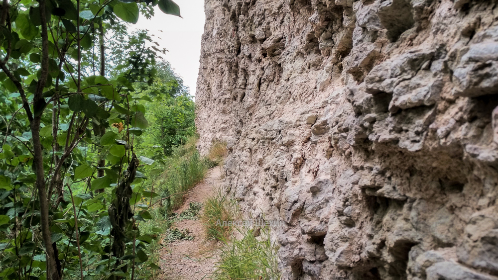 Тропинка вдоль отвесной скалы под  стеной крепости Копорье